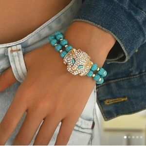 New Gold Panther Pave Zircon Crystal Turquoise Bead Bracelet